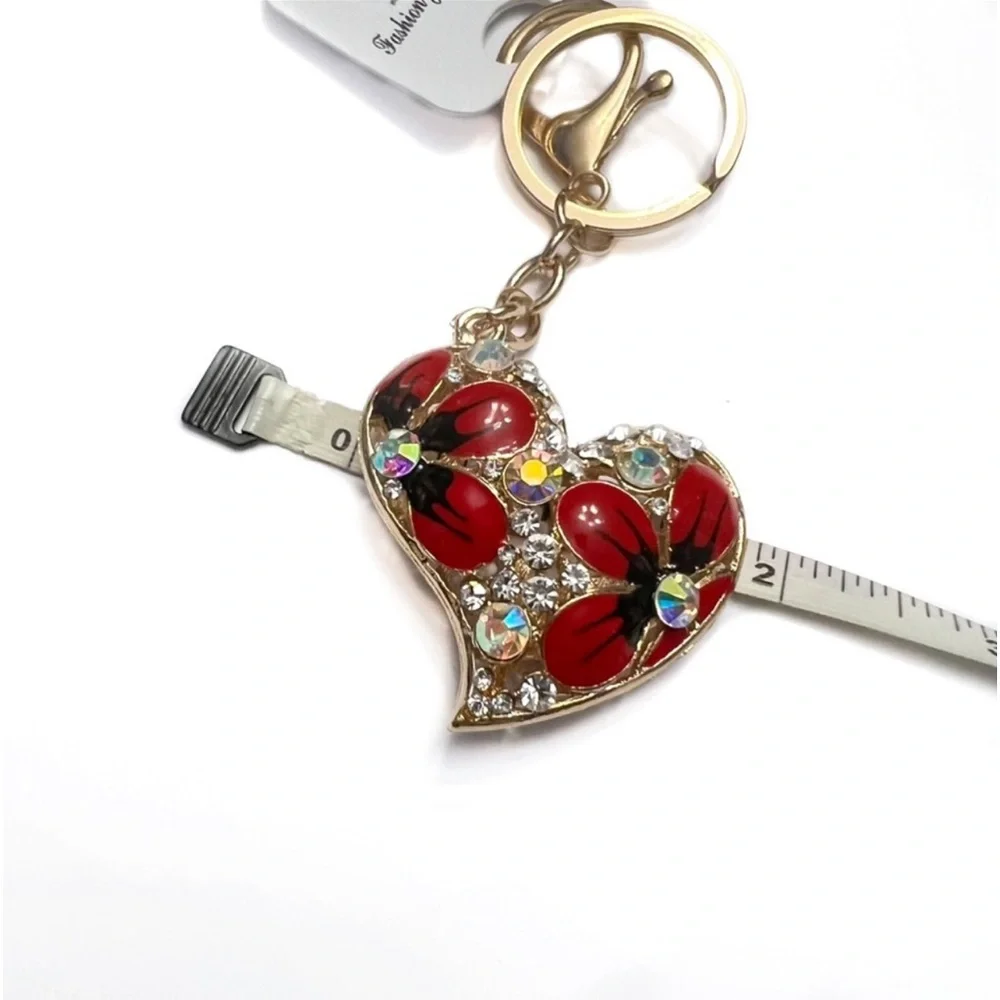 $3/20 Puffed Floral Rhinestone Heart Key Chain Bag Charm Red & Black in …
